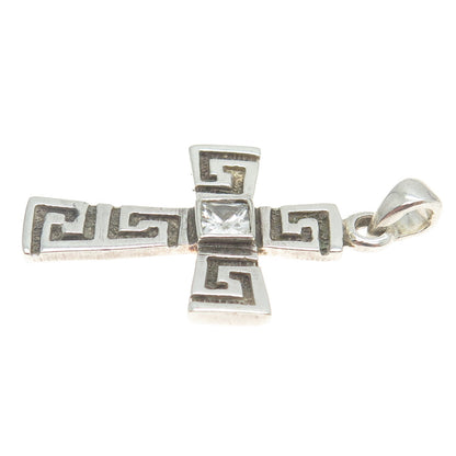 925 Sterling Silver Vintage Princess-Cut C Z Greek Maze Cross Pendant