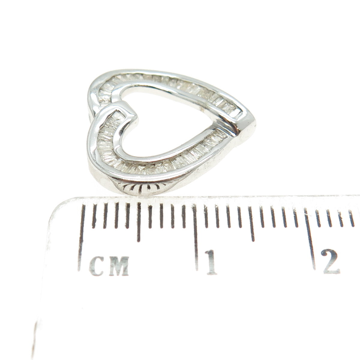 925 Sterling Silver Real Tapered Baguette-Cut Diamond Heart Slide Mini Pendant