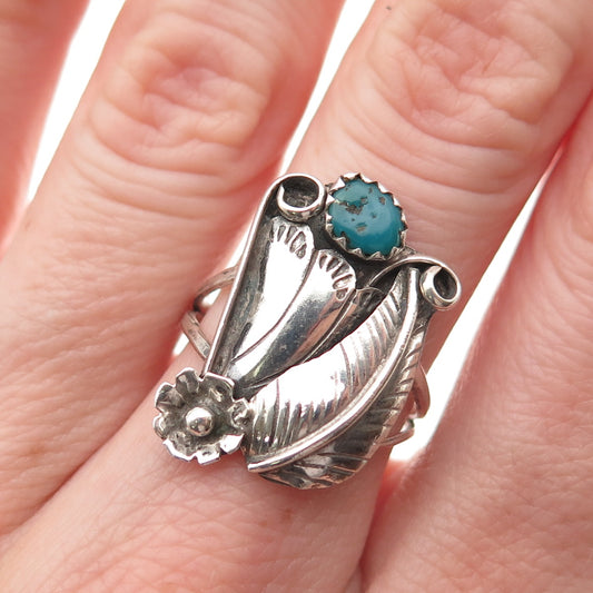 Old Pawn 925 Sterling Silver Vintage Southwestern Turquoise Floral Ring Size 7