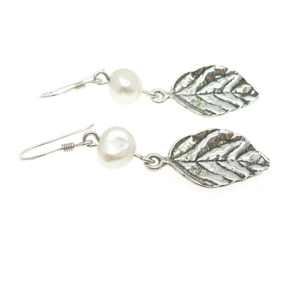 BILI 925 Sterling Silver Vintage Real Pearl  Floral Leaf Oxidized Earrings