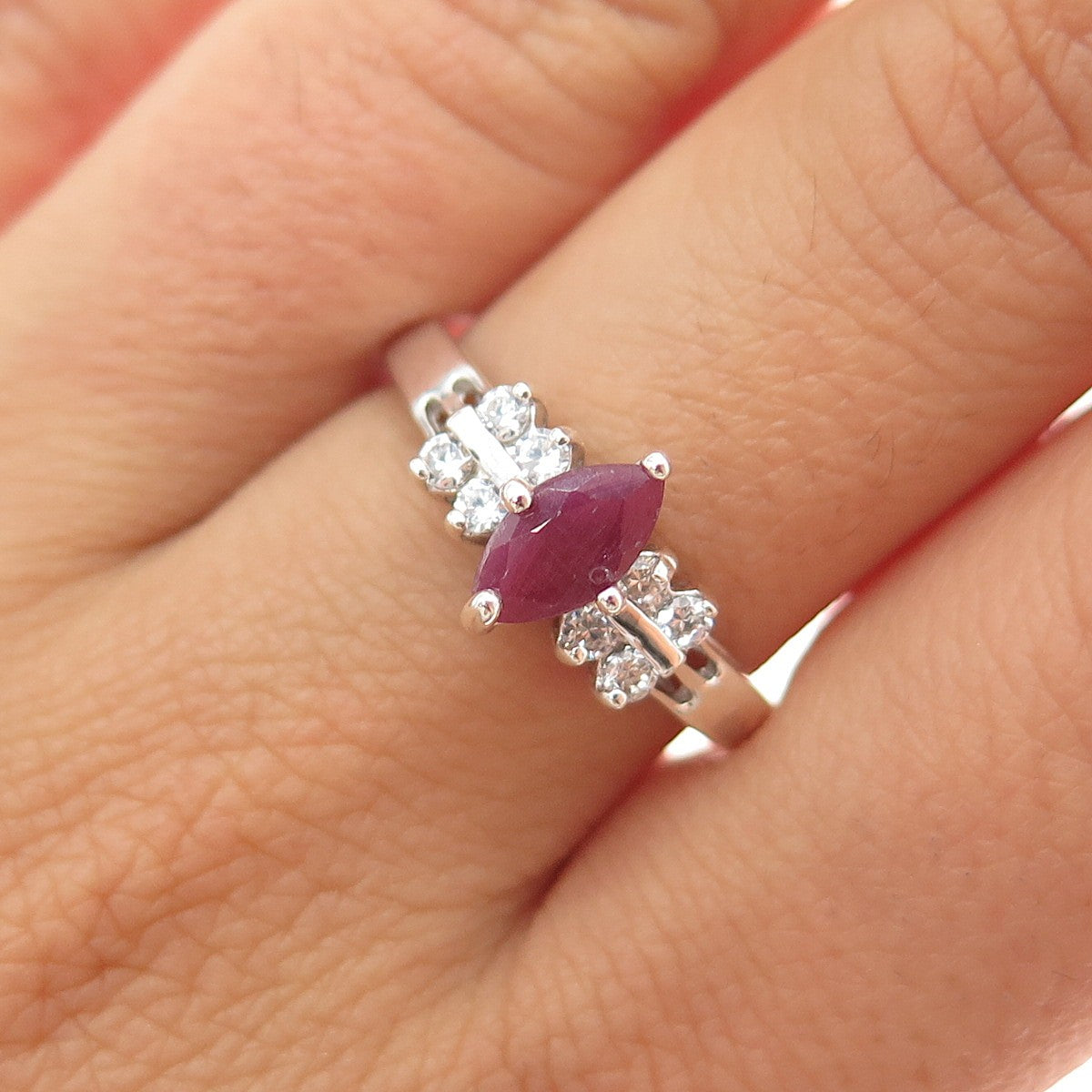 RJ GRAZIANO 925 Sterling Silver Real Marquise-Cut Ruby & C Z Ring Size 8.25