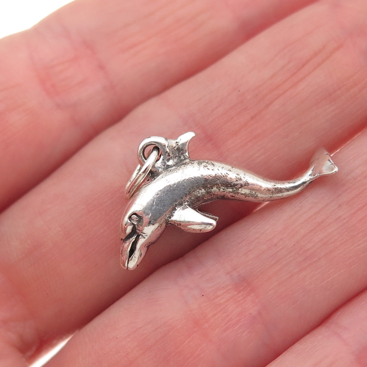 925 Sterling Silver Vintage Dolphin Oxidized 3D Mini Charm Pendant