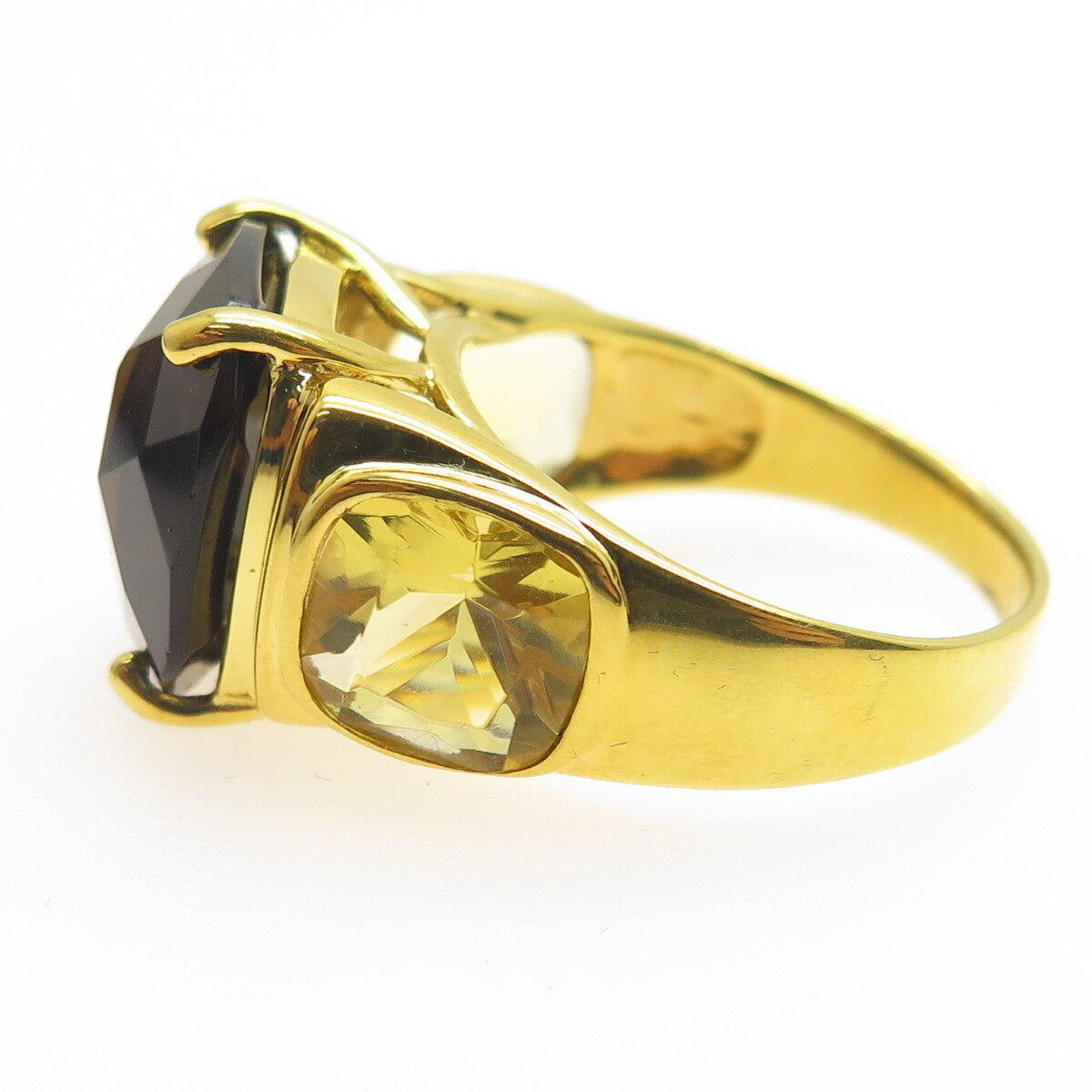 925 Sterling Silver Gold Plated Real Smoky Quartz & Citrine Ring Size 8