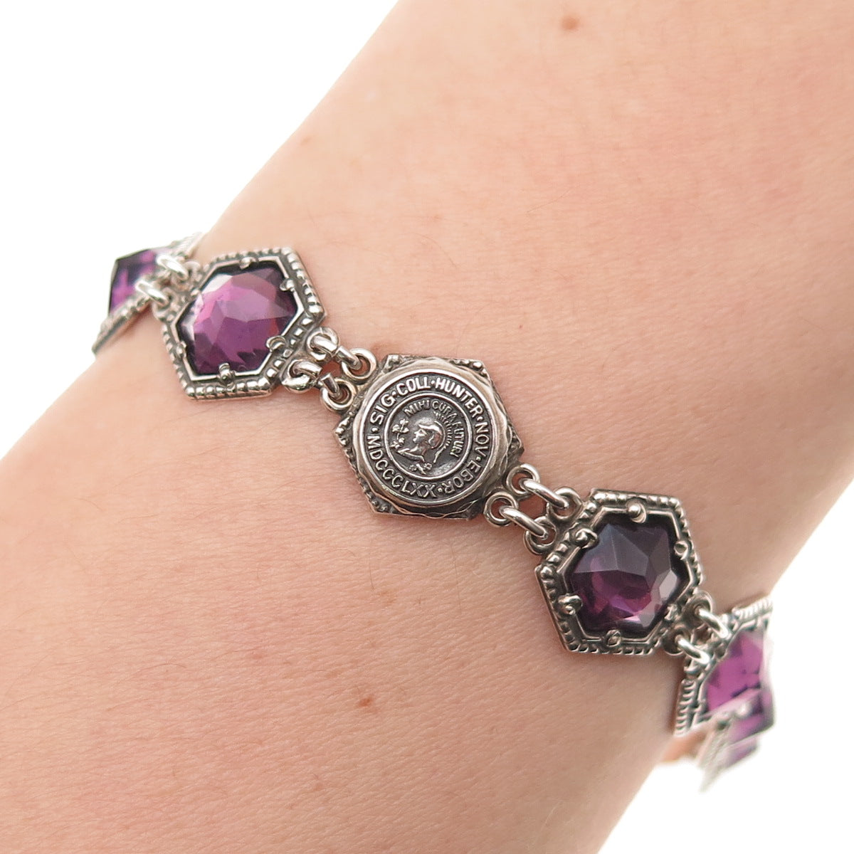 Barden Blake & Co. 925 Sterling Antique Real Amethyst Hunter College Bracelet 7"