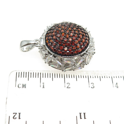 925 Sterling Silver Real Red Garnet & Tapered Baguette-Cut C Z Round Pendant