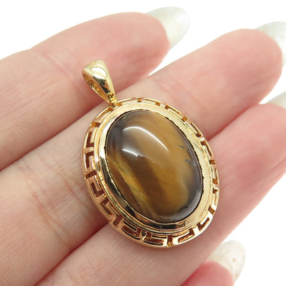 SETA 925 Sterling Silver Gold Plated Real Tiger Eye Greek Maze Oval Pendant