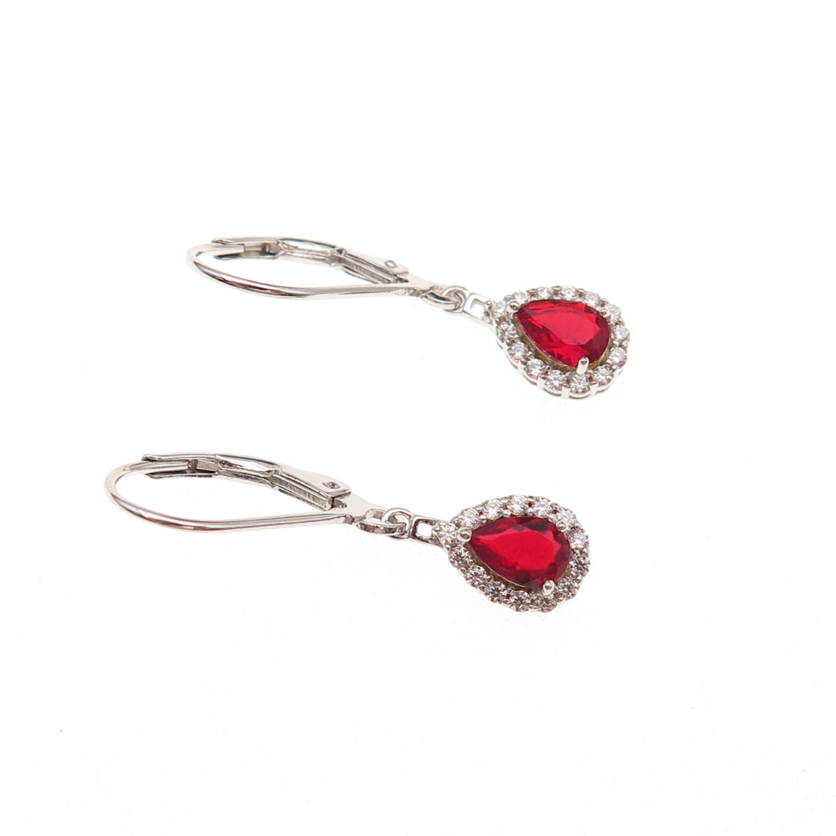925 Sterling Silver Red & White C Z Teardrop Dangle Earrings