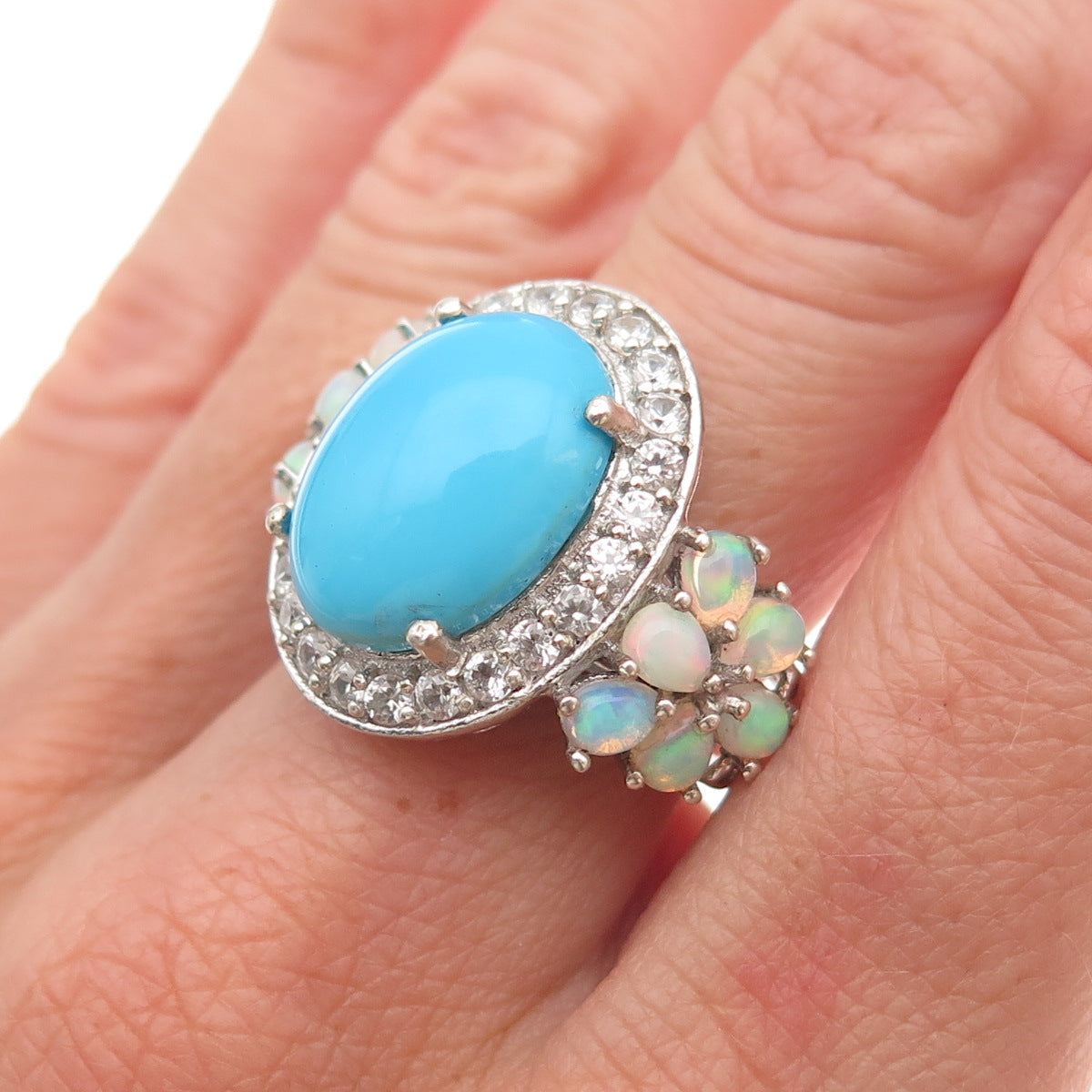 Chuck Clemency 925 Sterling Silver Real Turquoise Opal & White Topaz Ring Size 8