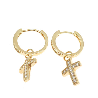 925 Sterling Silver Gold Plated Round-Cut C Z Cross Dangling Charm Hoop Earrings