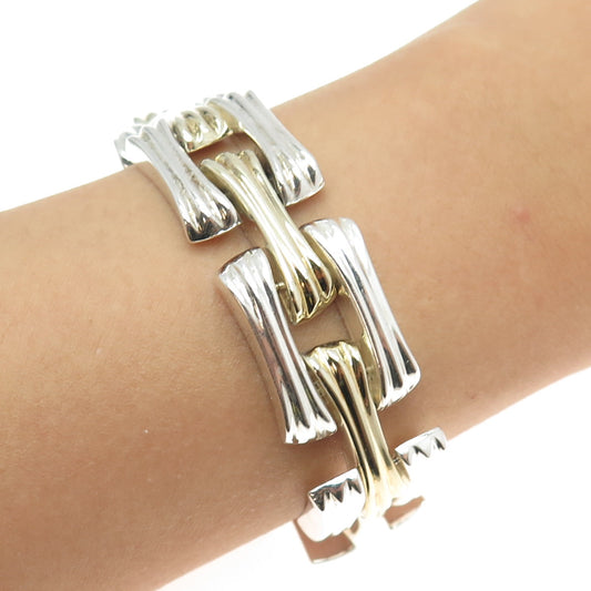 925 Sterling Silver 2-Tone Vintage Italy Modernist Panel Link Bracelet 7.5"