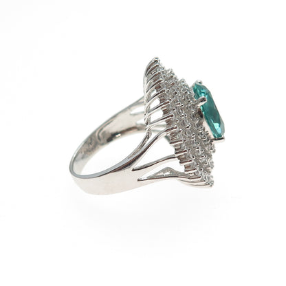 925 Sterling Silver Oval-Cut Paraiba & White C Z Bohemian Ring Size 8.25