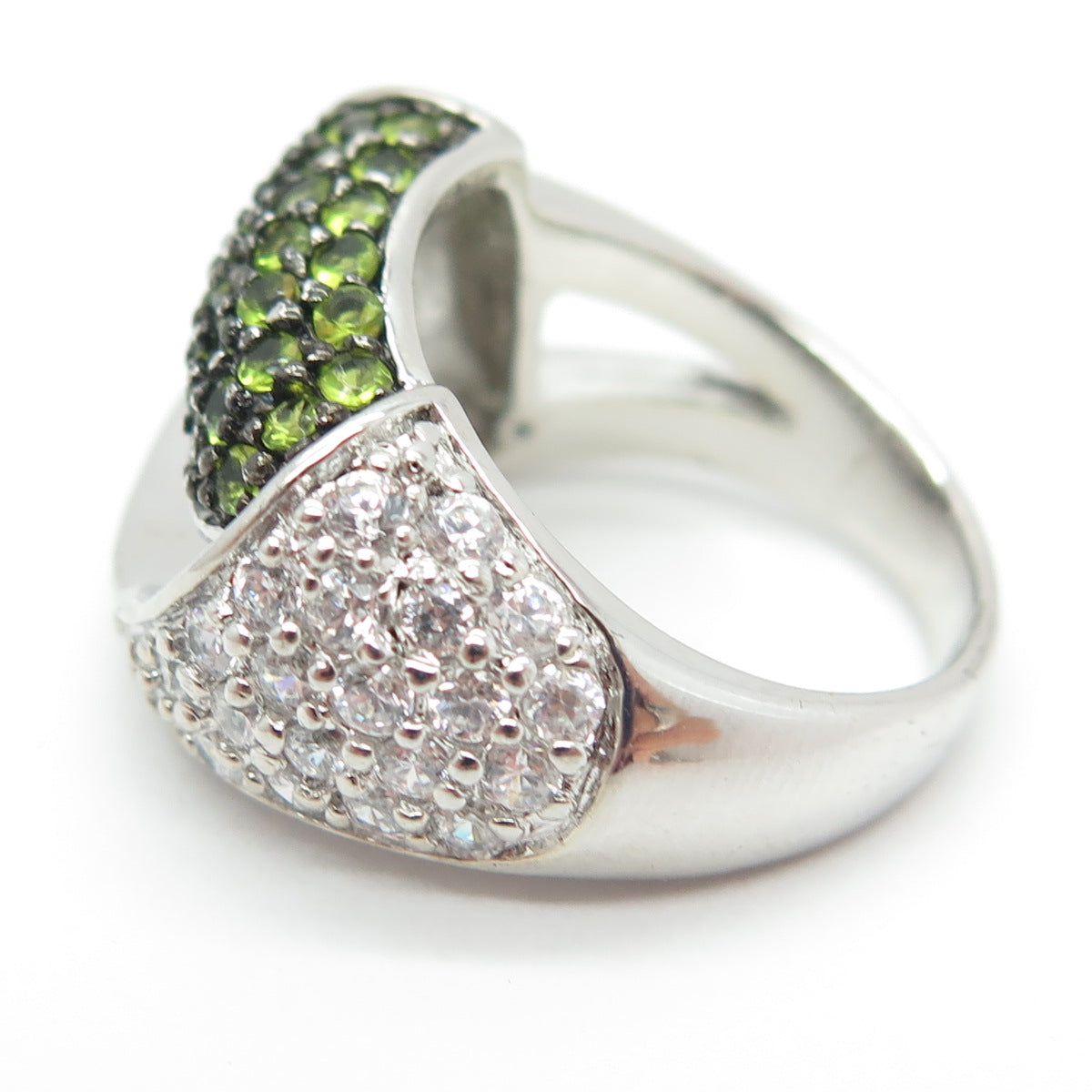 925 Sterling Silver Real Peridot Gemstone & C Z Modernist Ring Size 7