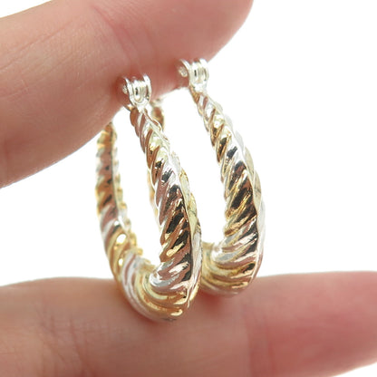 925 Sterling Silver 2-Tone Ribbed Hinged Hoop Earrings