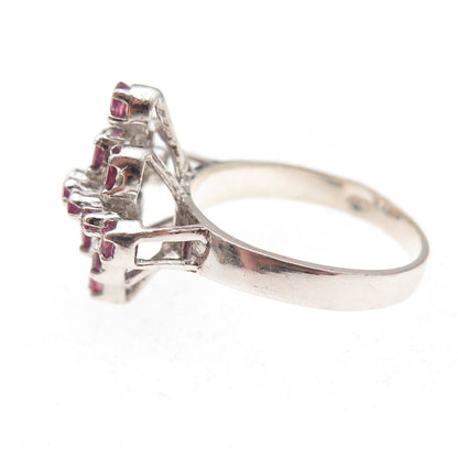 925 Sterling Silver Antique Art Deco Real Oval & Round-Cut Ruby Ring Size 6.75