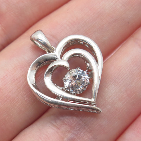 925 Sterling Silver Round-Cut C Z Double Heart Minimalist Charm Pendant