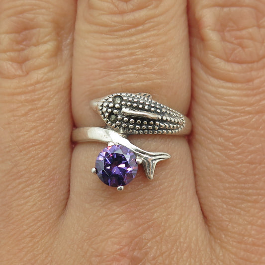 925 Sterling Silver Vintage Real Amethyst & Marcasite Dolphin Wrap Ring Size 7