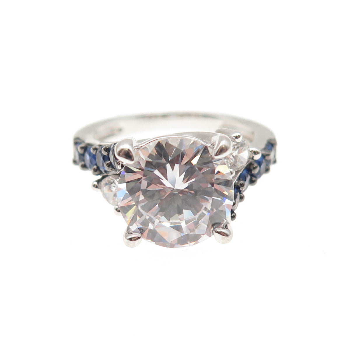 KEY STAR 925 Sterling Silver Real Sapphire & C Z Engagement Ring Size 6