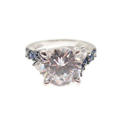 KEY STAR 925 Sterling Silver Real Sapphire & C Z Engagement Ring Size 6