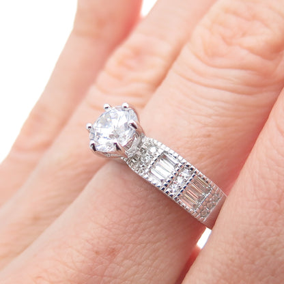 925 Sterling Silver Round & Emerald-Cut C Z Engagement Ring Size 7.25