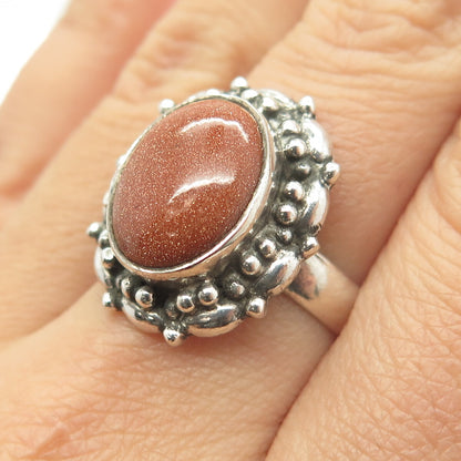 925 Sterling Silver Vintage Real Goldstone Gem Ethnic Ring Size 7.75