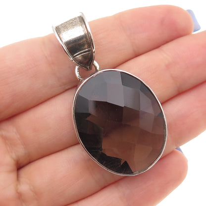 925 Sterling Silver Vintage Real Oval-Cut Smoky Quartz Oxidized Pendant