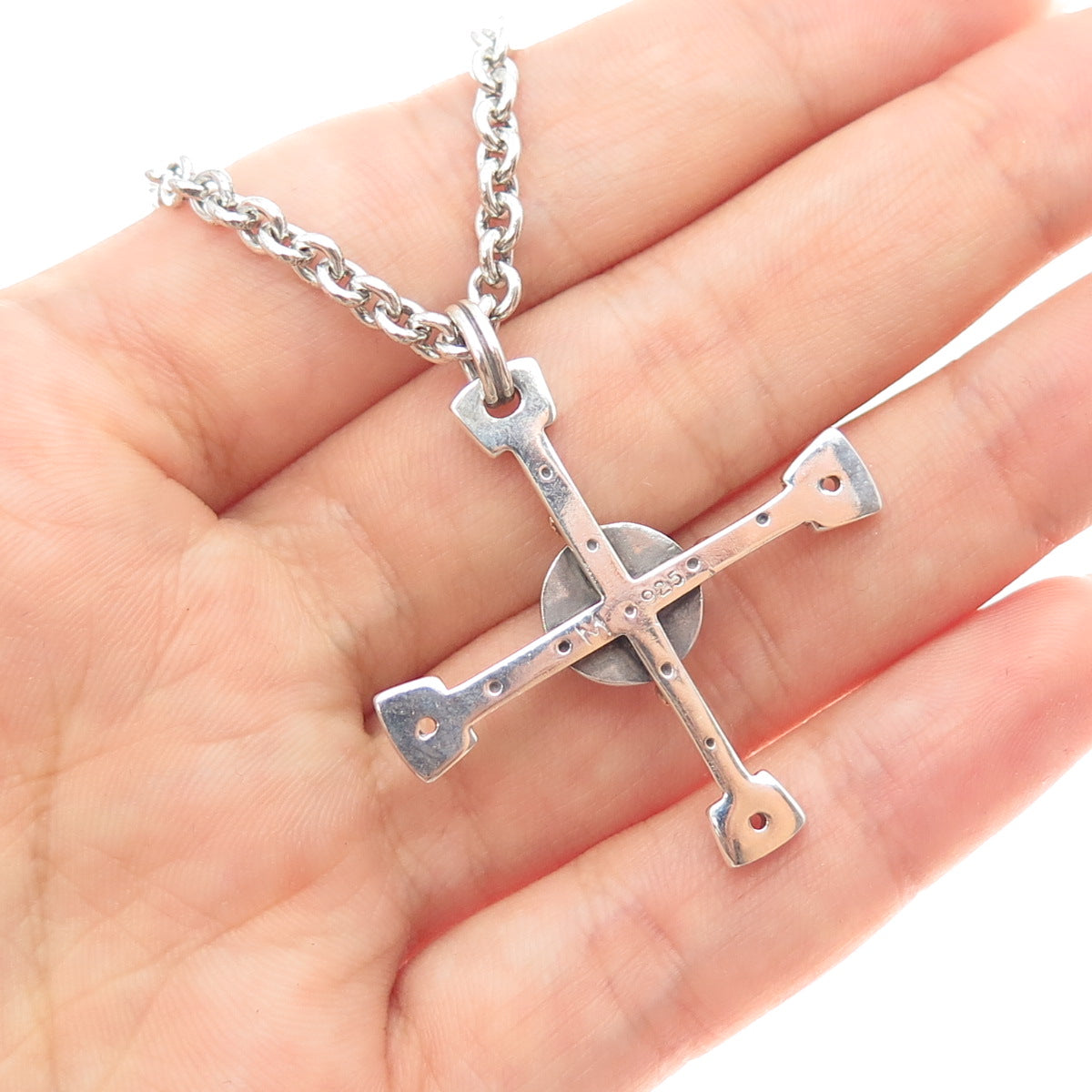 925 Sterling Silver 14K Gold Vintage Real Tourmaline Cross Chain Necklace 16"