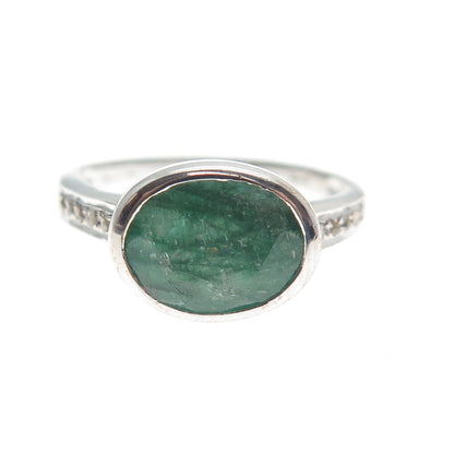 925 Sterling Silver Real Round-Cut Diamond & Oval-Cut Emerald Ring Size 7.75