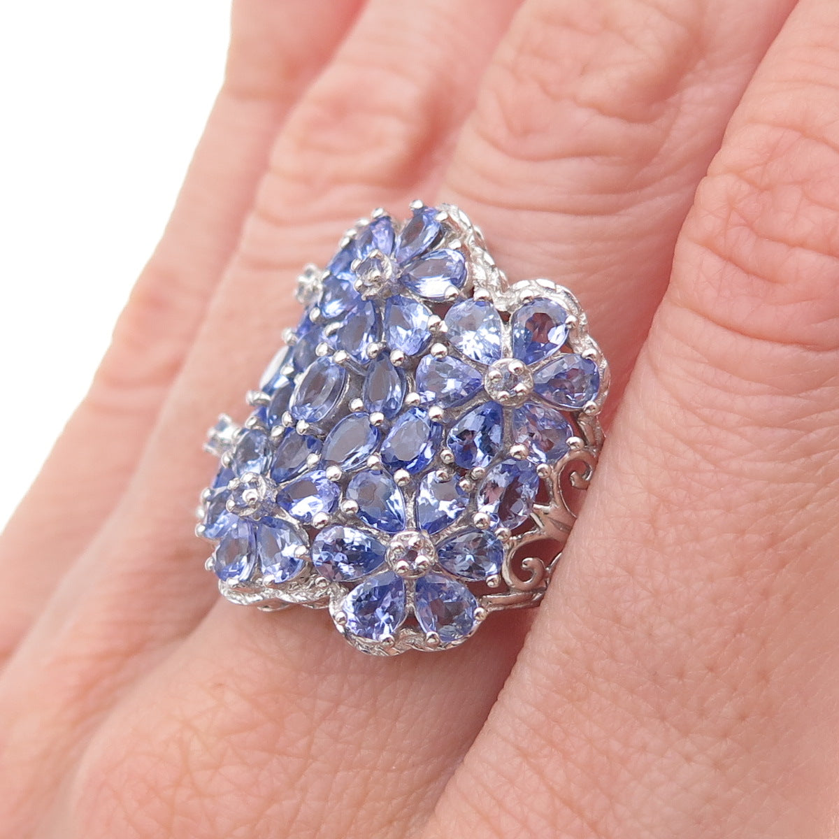 Chuck Clemency 925 Sterling Silver Real Tanzanite Floral Ring Size 8
