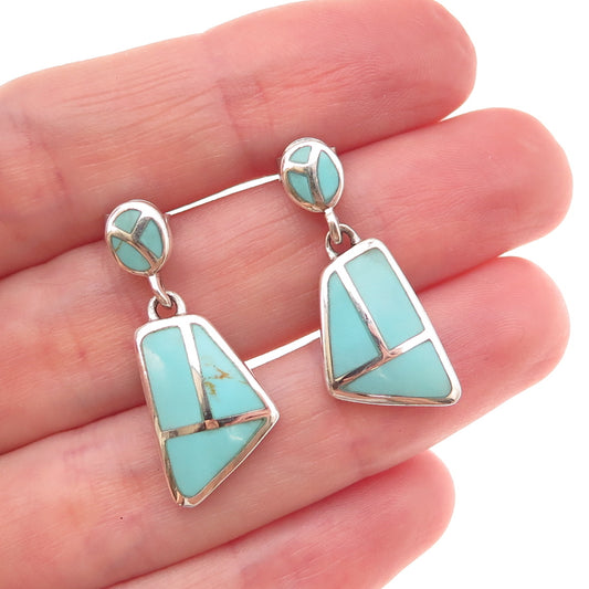 925 Sterling Silver Vintage Real Tyrone Turquoise Modernist Dangle Earrings