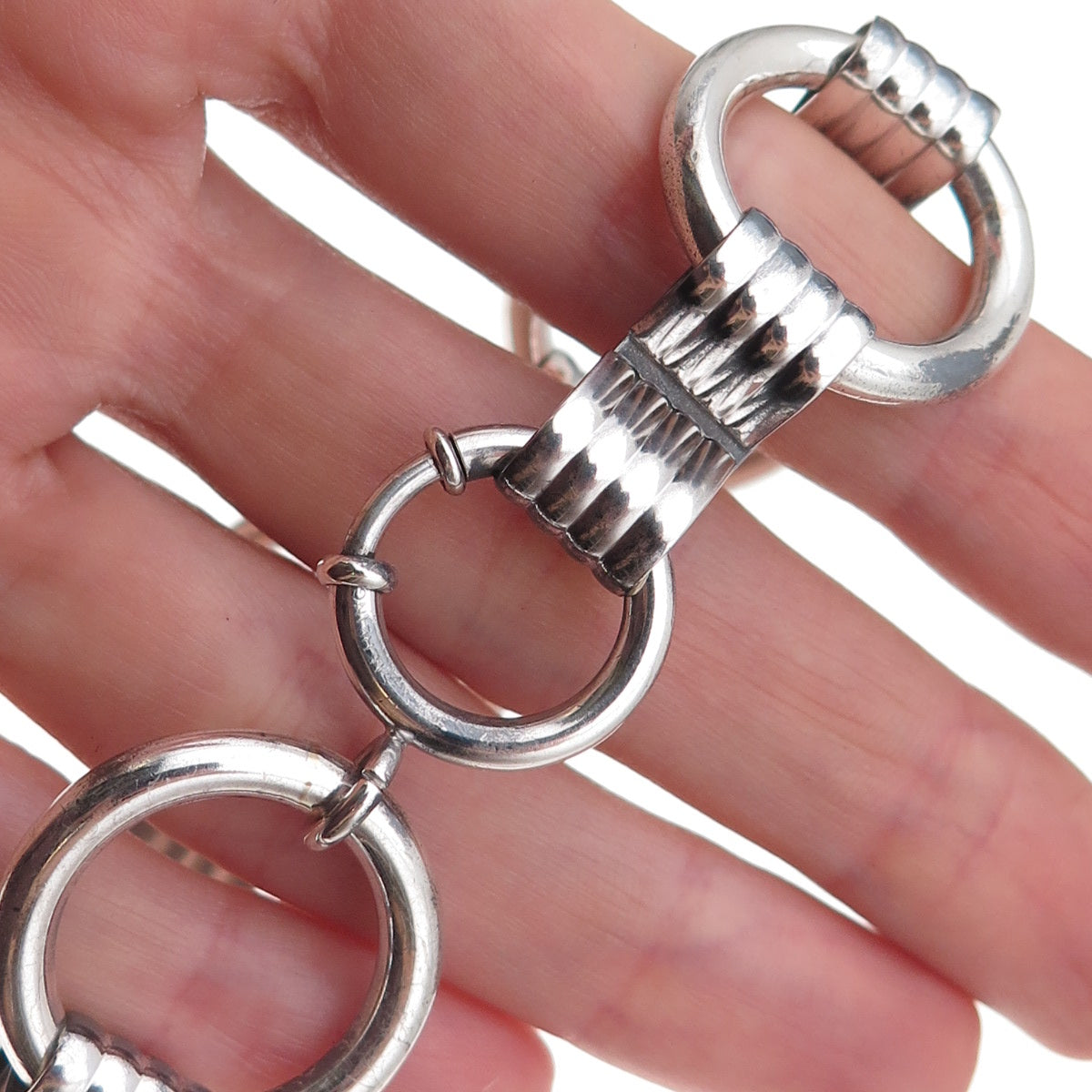 925 Sterling Silver Antique Art Deco Circle Link Oxidized Bracelet 7"