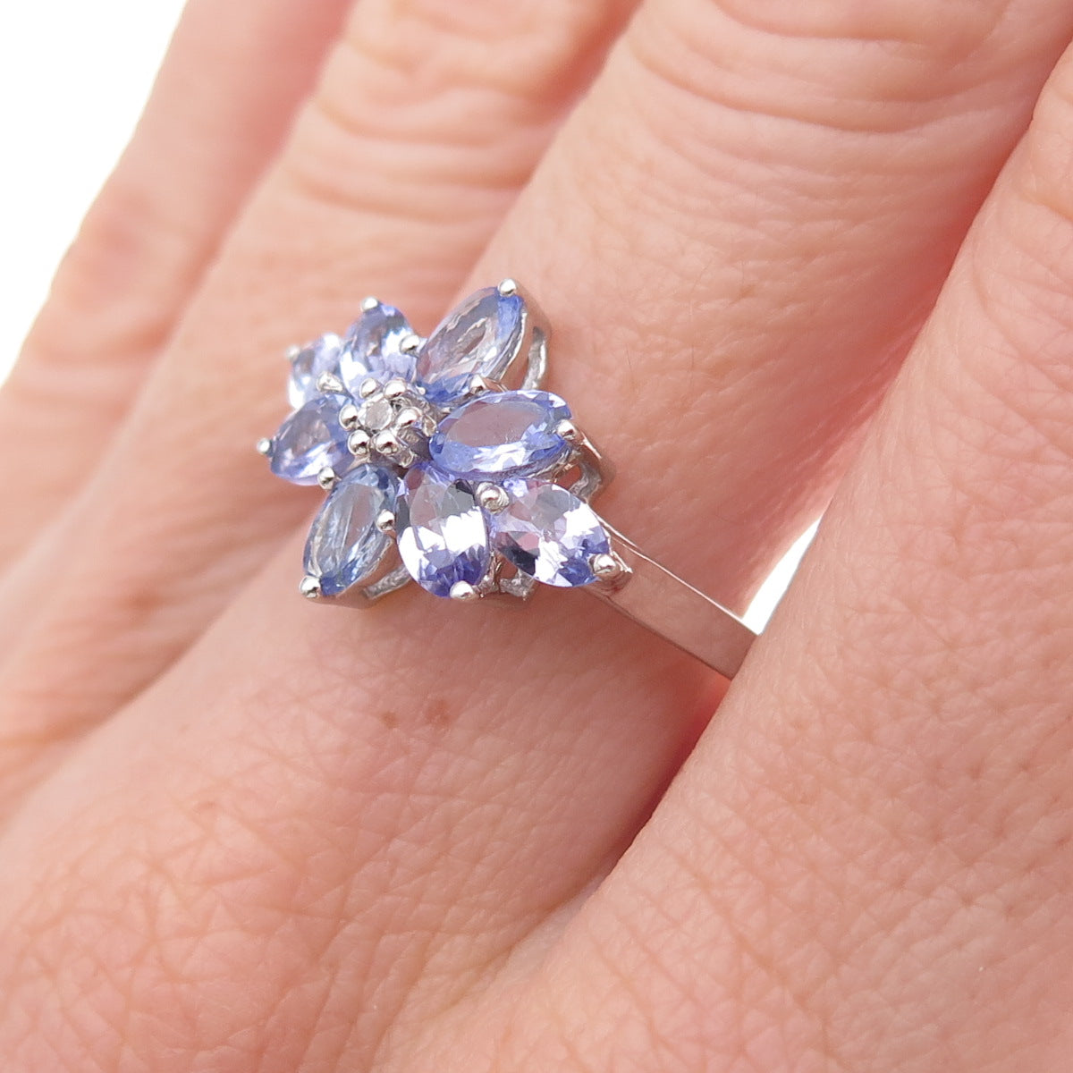 925 Sterling Silver Real Tanzanite & White Topaz Floral Ring Size 8