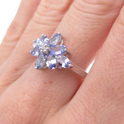 925 Sterling Silver Real Tanzanite & White Topaz Floral Ring Size 8