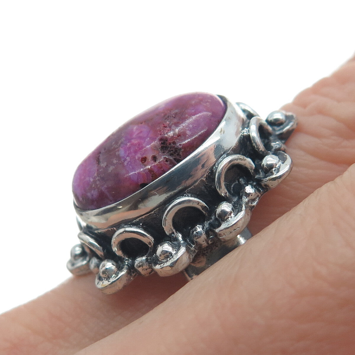 925 Sterling Silver Vintage Real Purple Agate Beaded Oxidized Ring Size 8.5