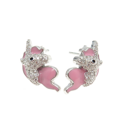 925 Sterling Silver C Z & Pink Enamel Unicorn Stud Earrings