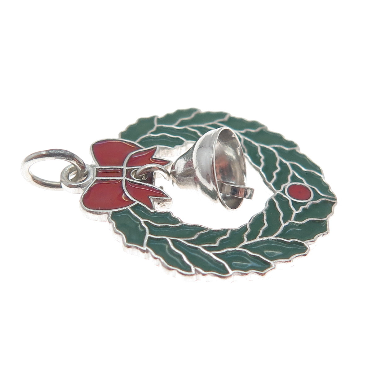 WELLS 925 Sterling Silver Vintage Enamel Christmas Bell & Bow Wreath Pendant