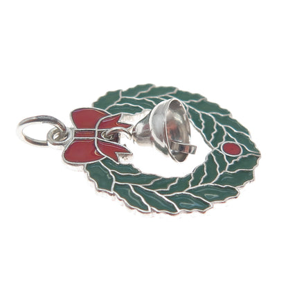 WELLS 925 Sterling Silver Vintage Enamel Christmas Bell & Bow Wreath Pendant