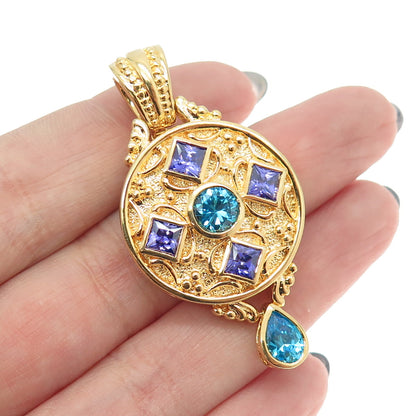 925 Sterling Silver Gold Plated Blue & Purple Multi-Cut C Z Pendant