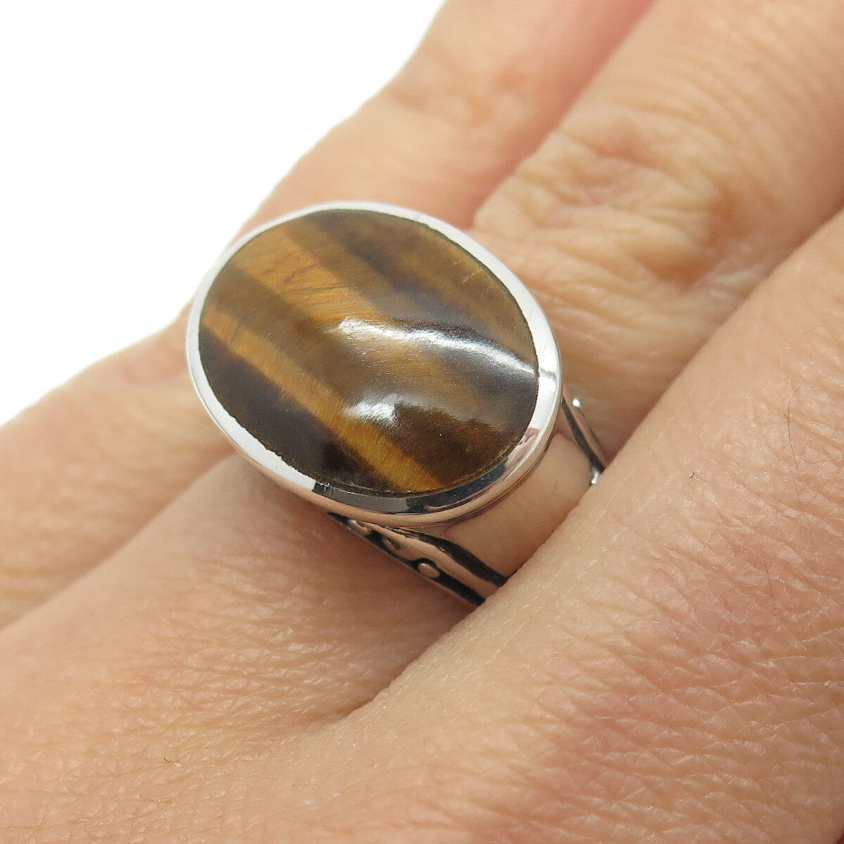 925 Sterling Silver Real Tiger Eye Gemstone Swirl Domed Ring Size 6