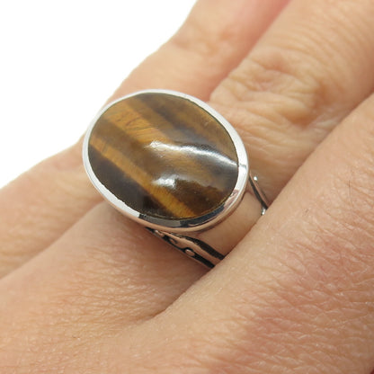 925 Sterling Silver Real Tiger Eye Gemstone Swirl Domed Ring Size 6
