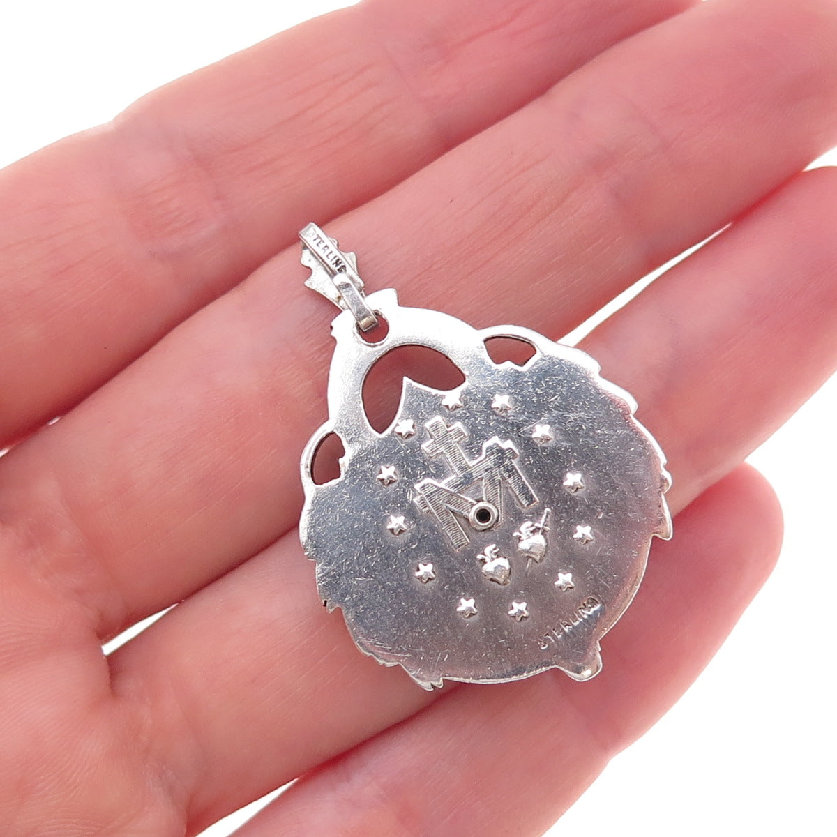 925 Sterling Silver Antique Art Deco Real MOP & Marcasite St. Mary Charm Pendant