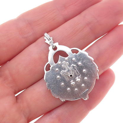 925 Sterling Silver Antique Art Deco Real MOP & Marcasite St. Mary Charm Pendant