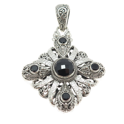 SARDA 925 Sterling Silver Vintage Real Black Onyx Gemstone Ornate Pendant