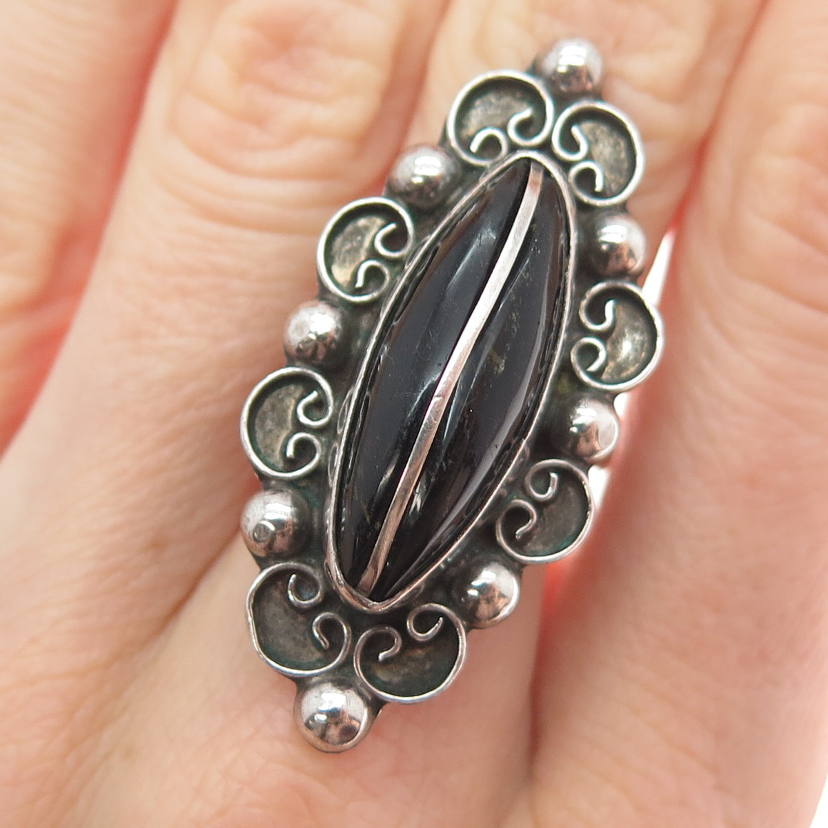 925 Sterling Silver Vintage Mexico Real Black Onyx Modernist Ring Size 6.75