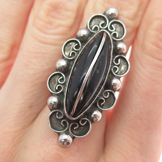 925 Sterling Silver Vintage Mexico Real Black Onyx Modernist Ring Size 6.75