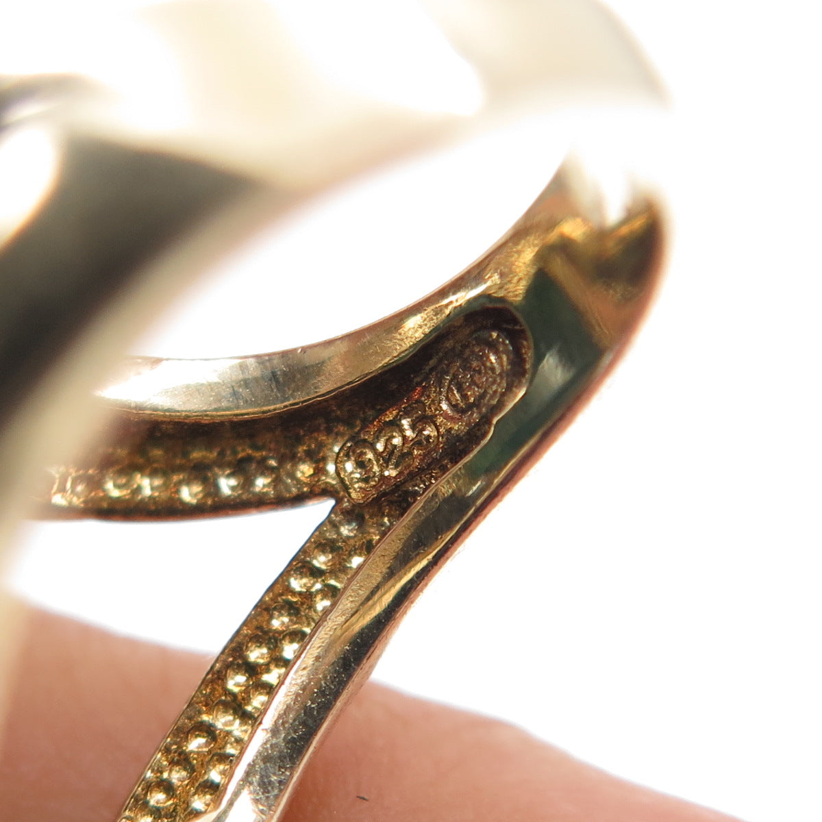 925 Sterling Gold Plated Real Green Onyx & White Topaz Statement Ring Size 6.25