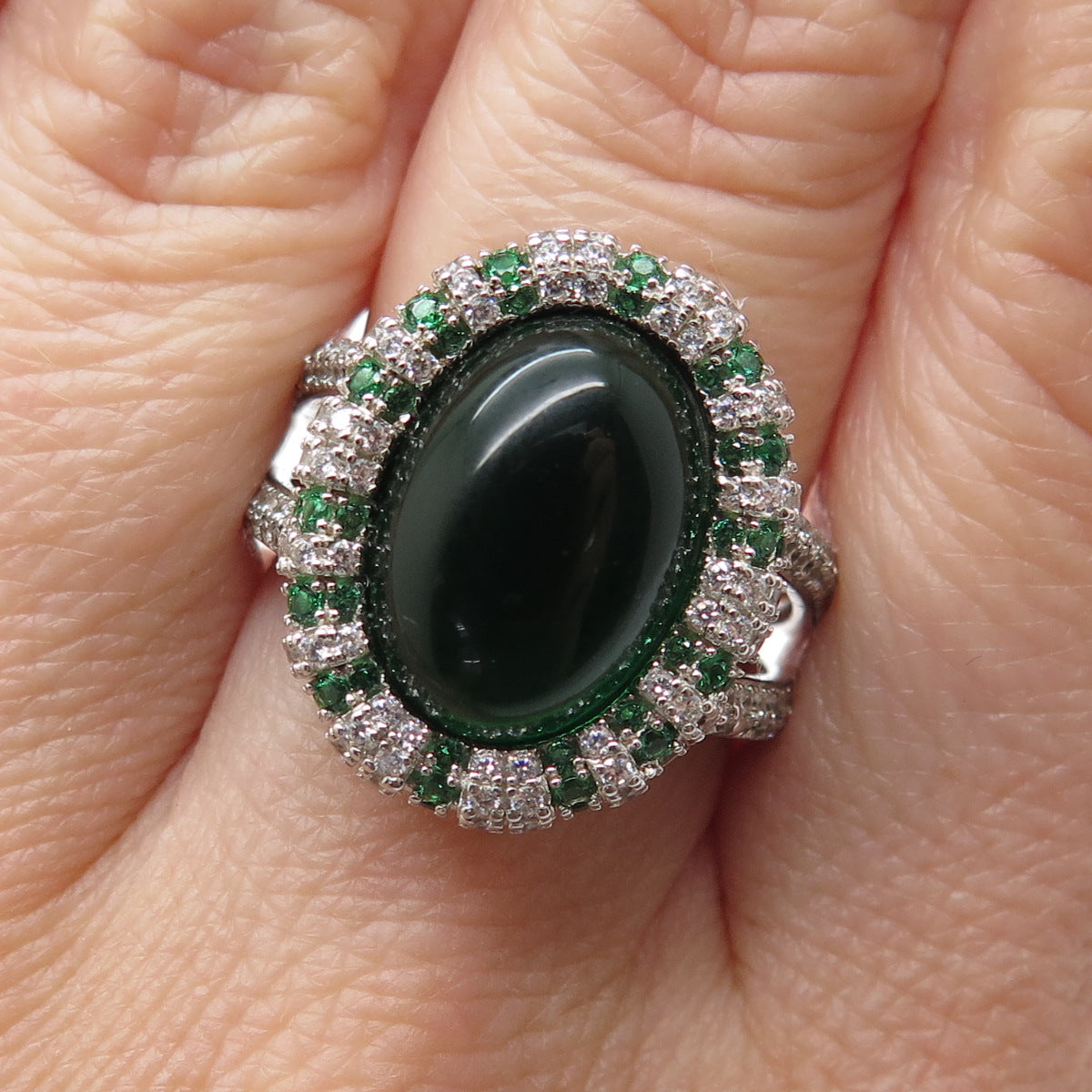 DSMK 925 Sterling Silver Cabochon Nano Emerald & C Z Ring Size 7.25