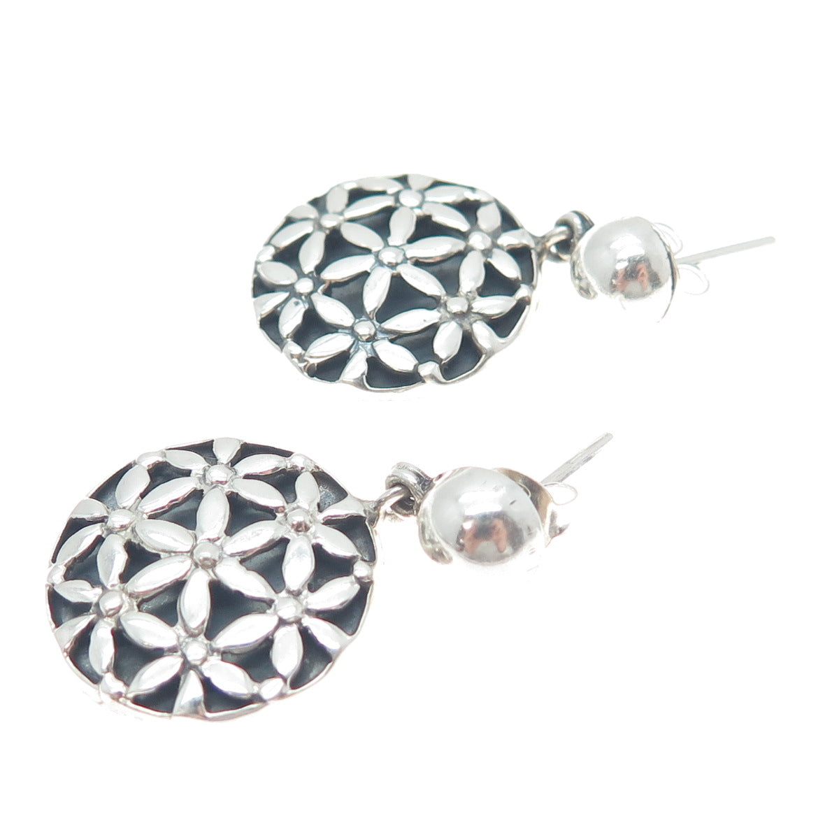 PLATELLA 950 Silver Vintage Floral Round Dangle Earrings