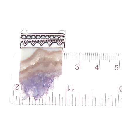 925 Sterling Silver Vintage Amethyst Agate Oxidized Slide Centerpiece Pendant