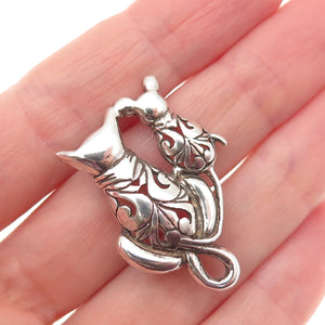 JEZLAINE 925 Sterling Silver Vintage Cat & Mouse Floral Oxidized Pin Brooch