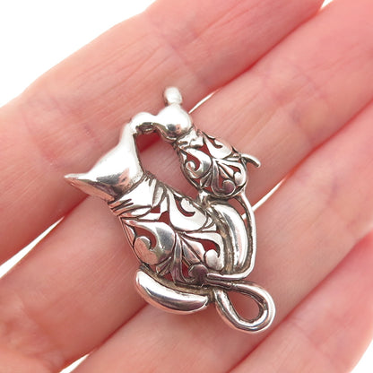 JEZLAINE 925 Sterling Silver Vintage Cat & Mouse Floral Oxidized Pin Brooch